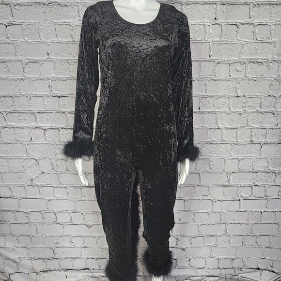 Rainbeau Black Velour Feather Trimmed Cat Leotard, Women's Small - Picture 2 of 11